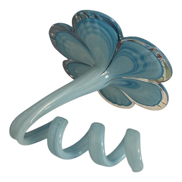 Hand-Blown Art Glass Flower Sculpture – Blue & White Swirl – Curling Stem 7" - Picture 3 of 7